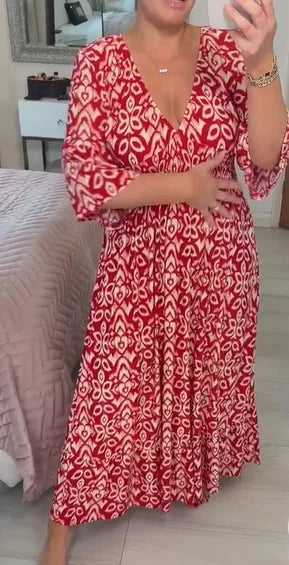 Bohemian Casual Print V-Neck Waist Wrap Long Dress